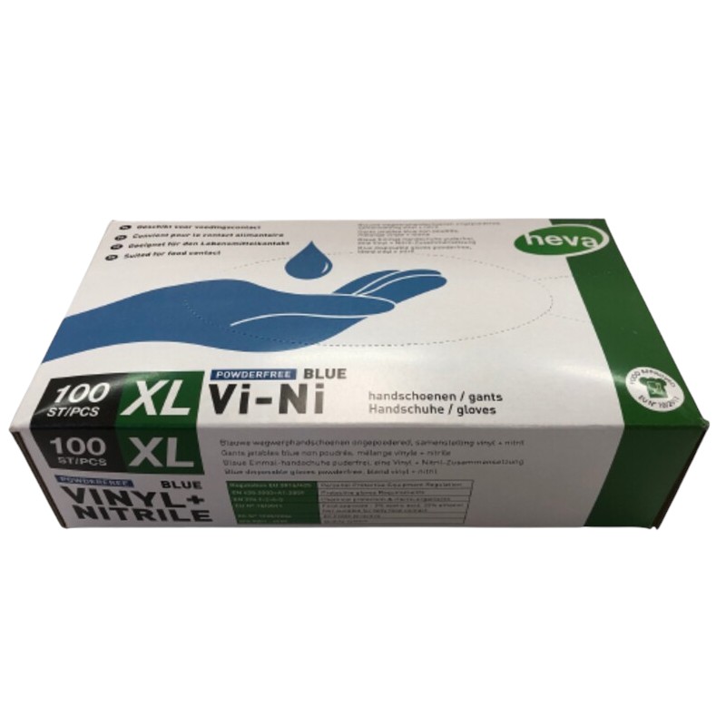 VI-NI Handschoenen - Poedervrij blauw glasachtig en nitril - Doos van 100 stuks - XL
